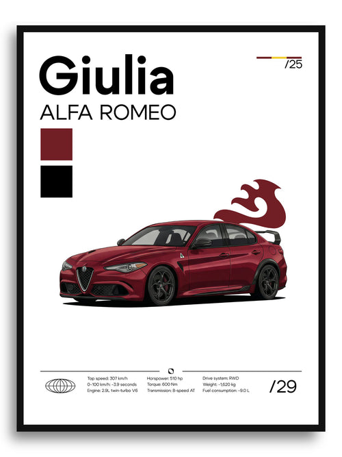 Alfa Romeo Giulia poster featuring a sleek car design, printed by Inkloprint, showcasing vibrant colors and detailed artwork.