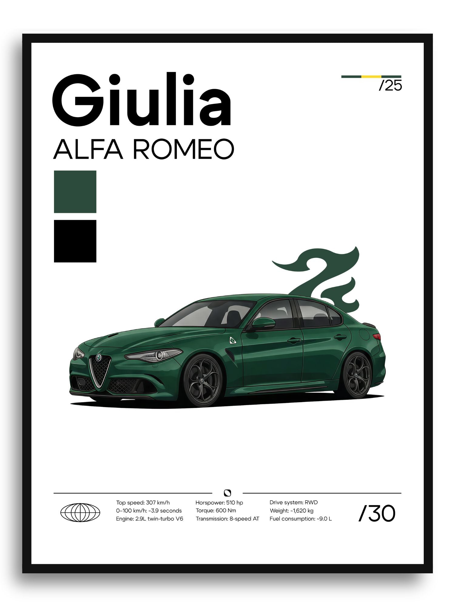 Bottle-green Alfa Romeo Giulia poster by Inkloprint featuring a sleek car illustration on a white background.