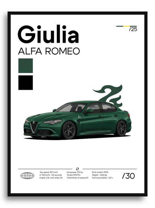 Bottle-green Alfa Romeo Giulia poster by Inkloprint featuring a sleek car illustration on a white background.