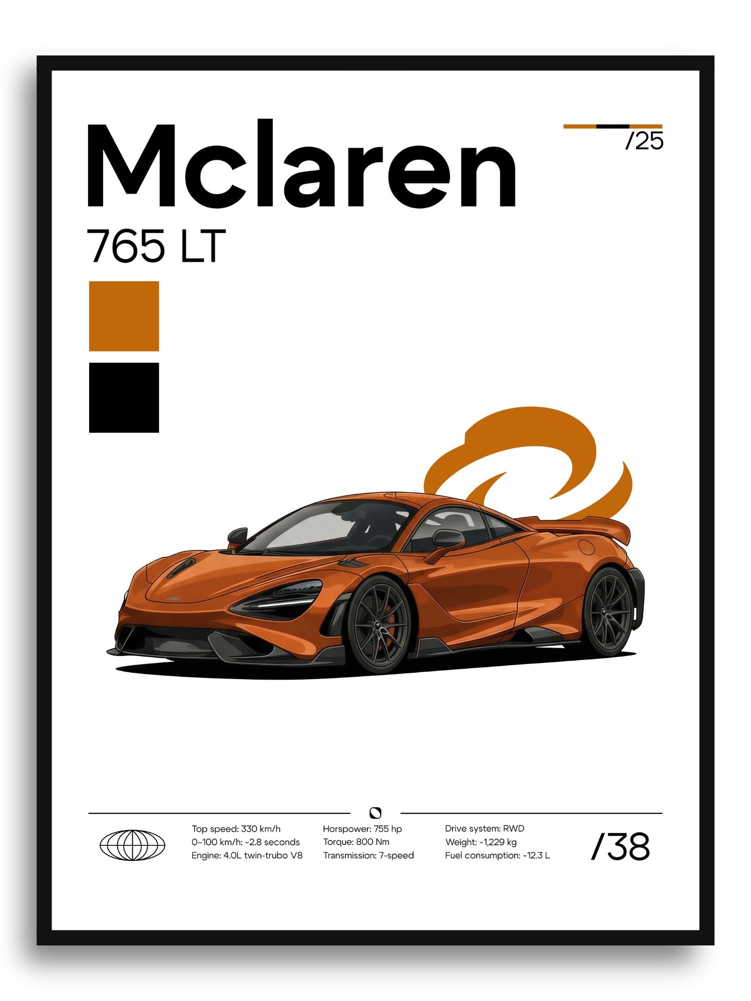 High-quality poster of a McLaren 765LT car by Inkloprint, showcasing sleek design and vibrant colors.