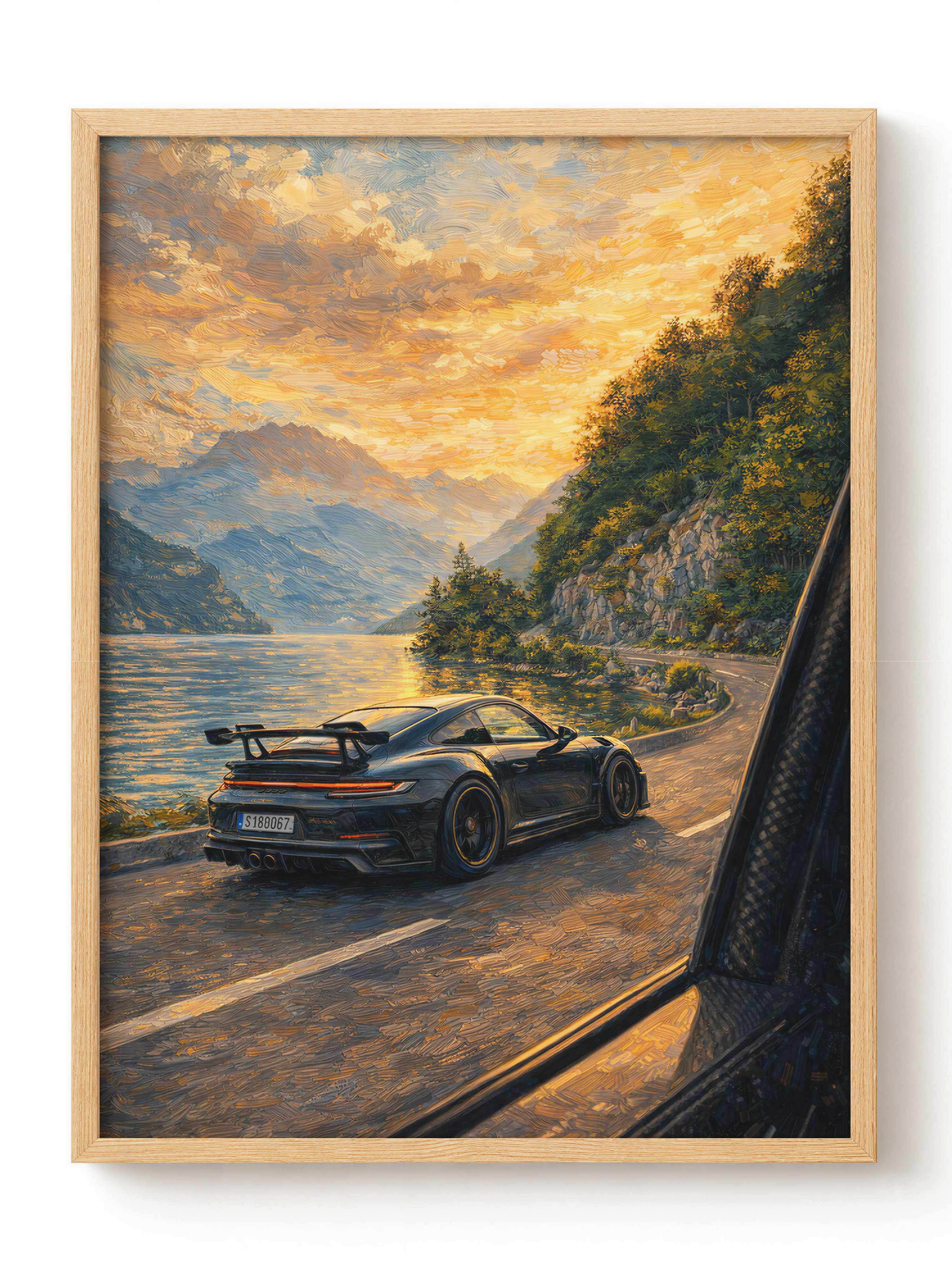 Porsche 911 Mountain Lake Sunset Poster