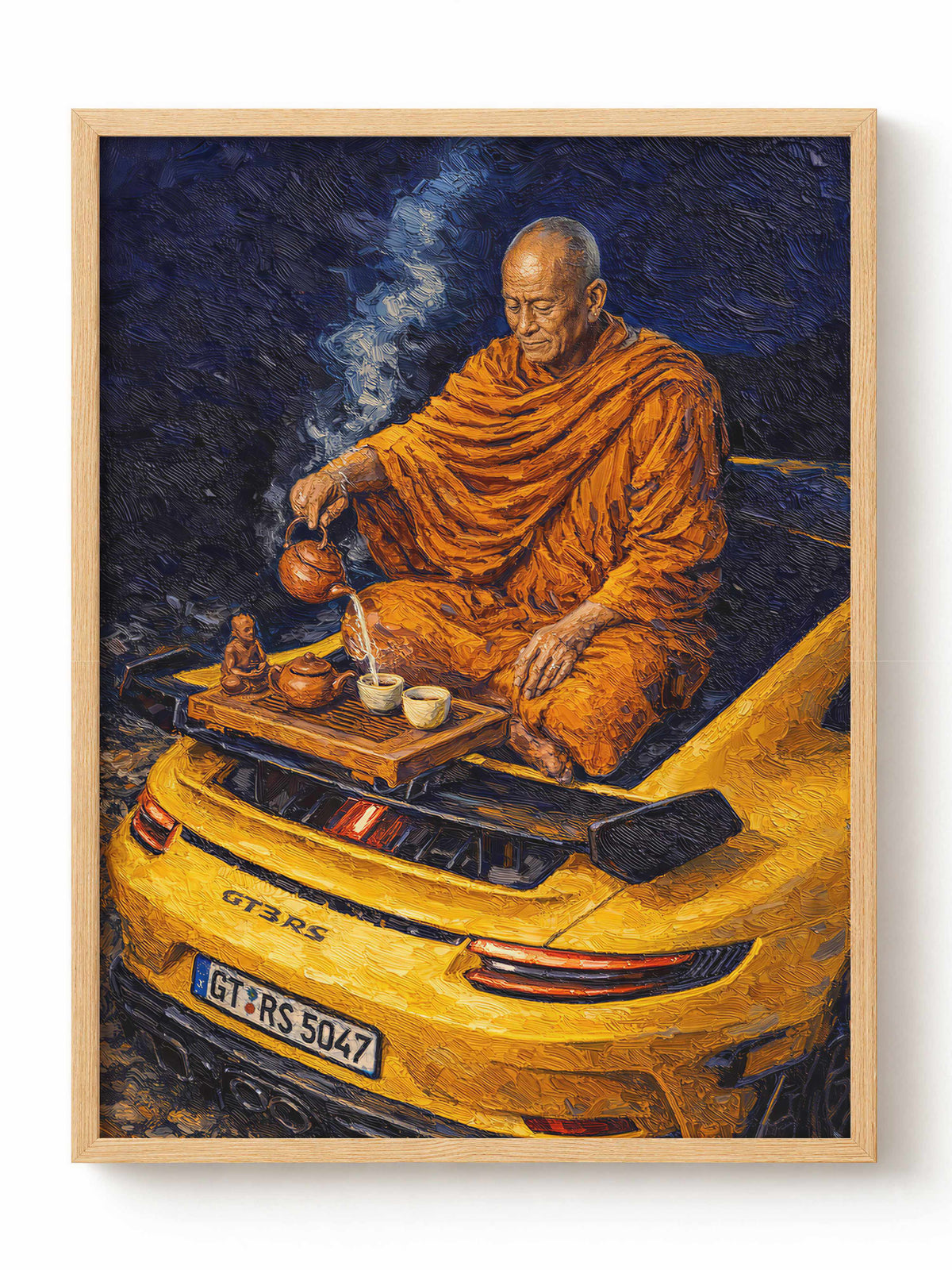 Buddyjski Mnich i Żółte Porsche GT3 RS Plakat