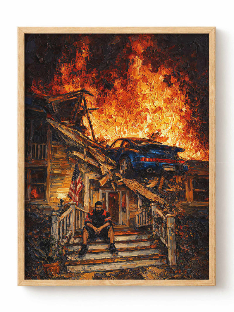 Burning House with Blue Porsche Poster