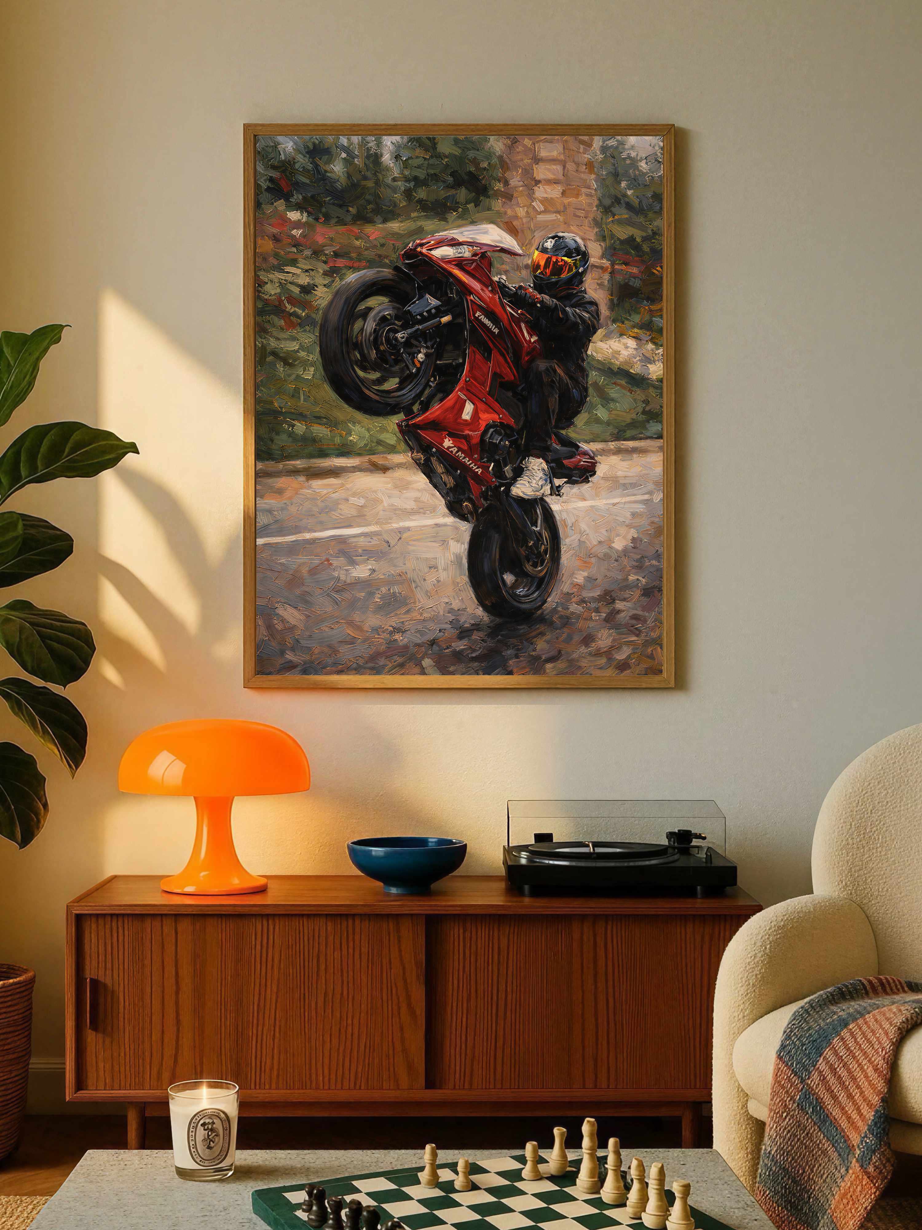 Motocykl Sportowy na Jednym Kole Plakat