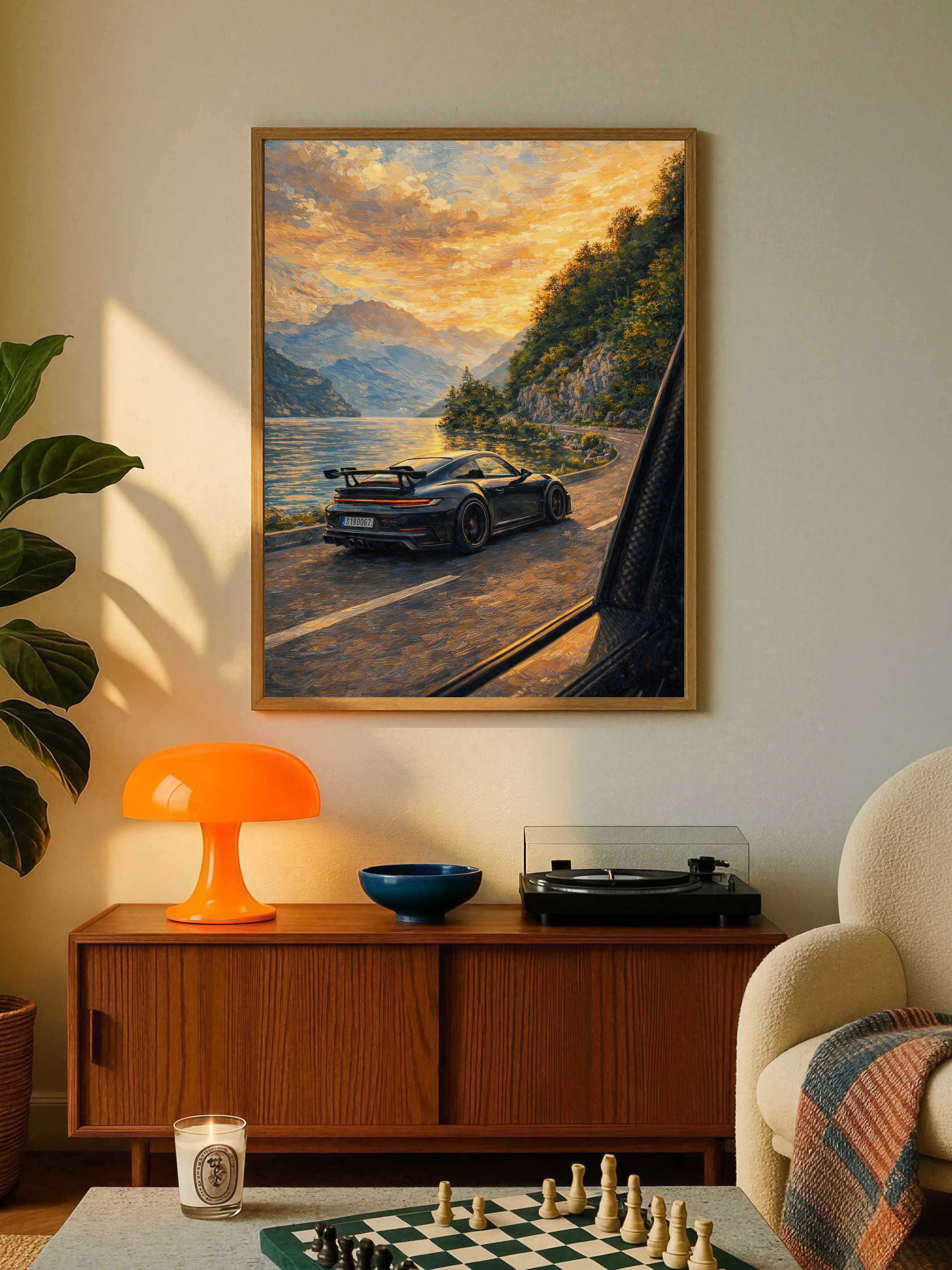 Porsche 911 Mountain Lake Sunset Poster