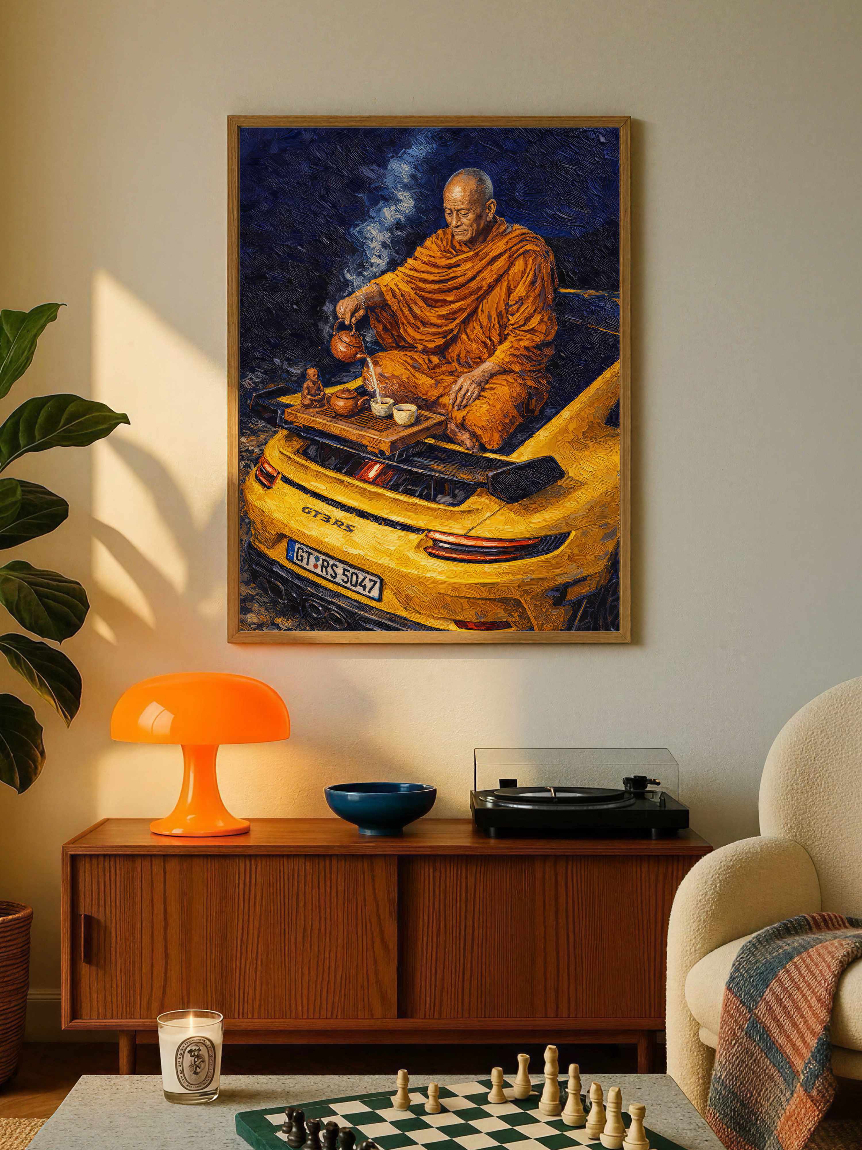 Buddyjski Mnich i Żółte Porsche GT3 RS Plakat