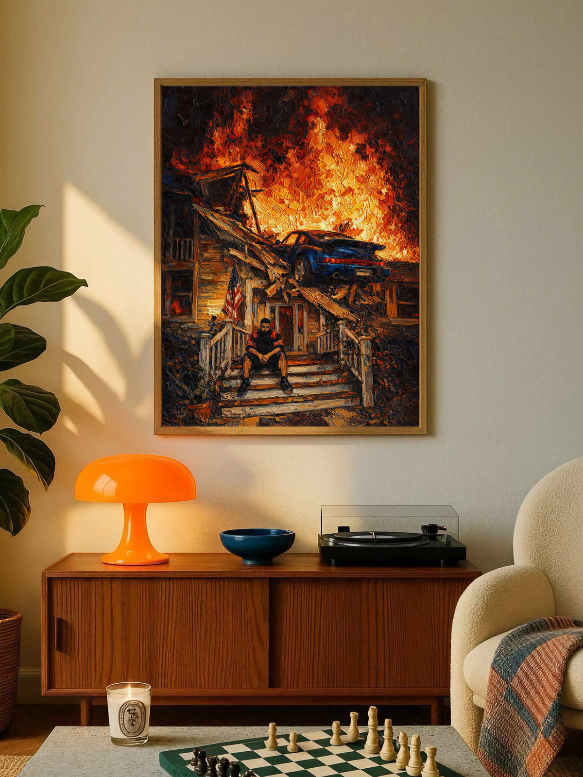 Burning House with Blue Porsche Poster